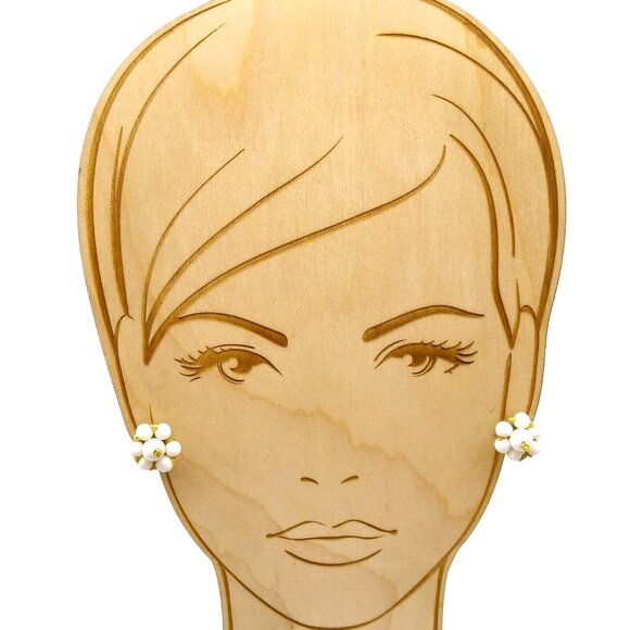 Vintage Milk Glass Bead Cluster Earrings, Classic White and Gold Tone Screw Back - Picture 4 of 5